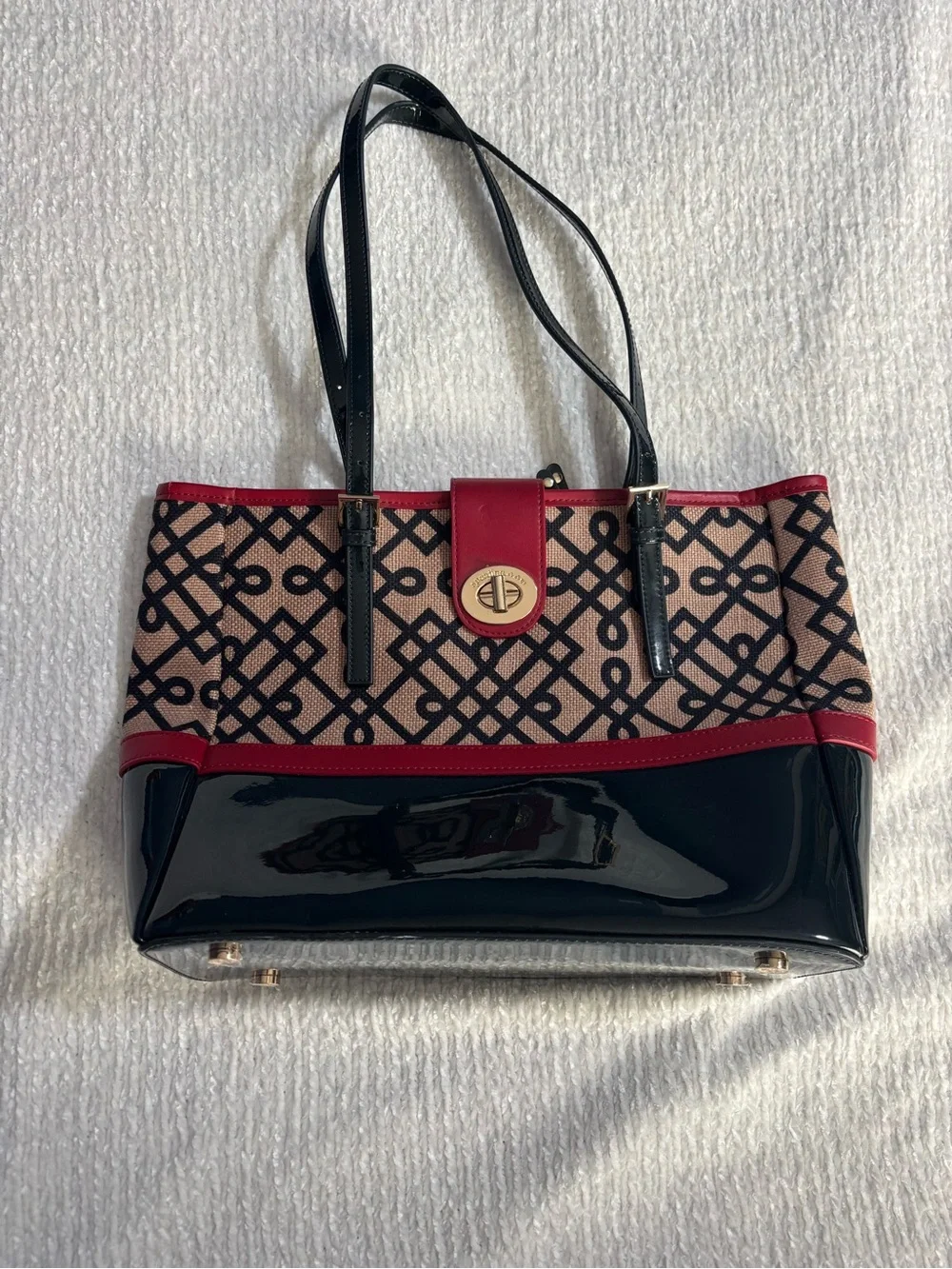 Spartina 449 Black and Burgundy Pattern Tote with Geometric Print